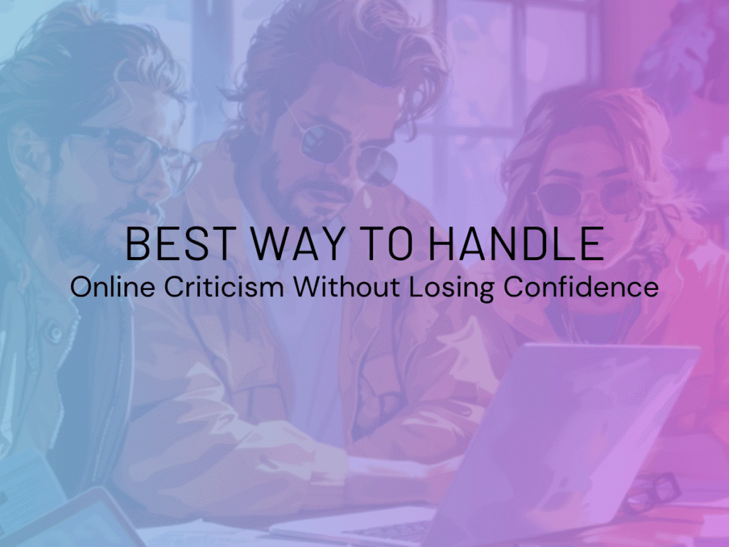 A confident man smiling while reading negative online comments on a laptop screen.