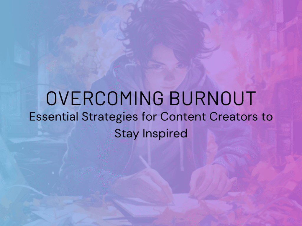 A tired content creator sitting at a desk, looking for motivation and ways to overcome creative burnout.