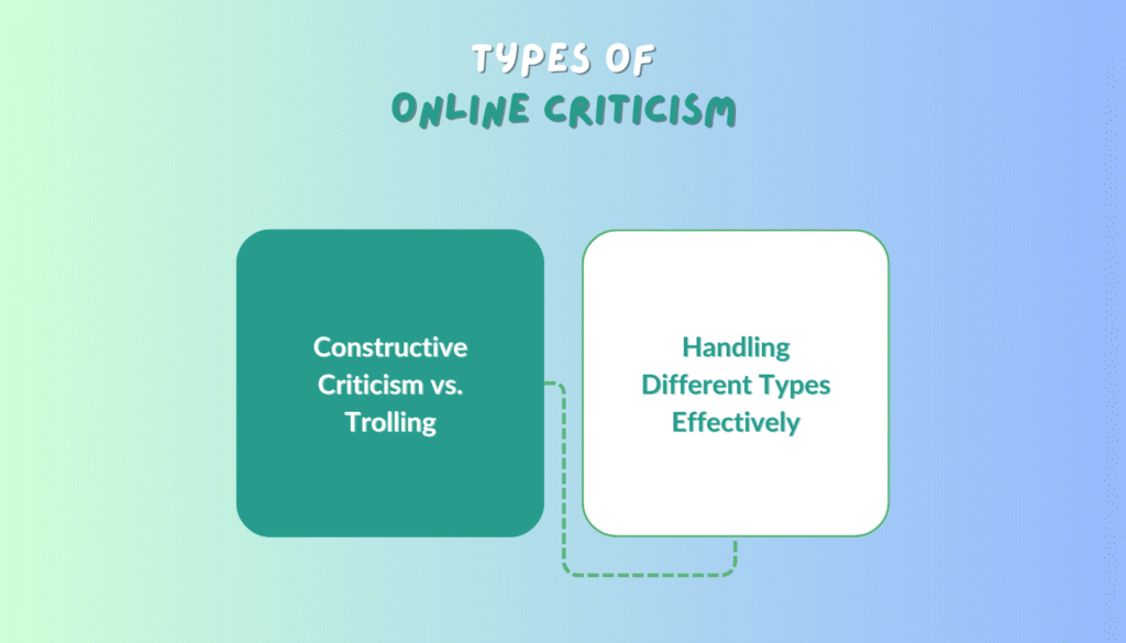 A person looking at a screen with different types of online criticism like hate comments, trolling, sarcasm, and passive-aggressive replies.